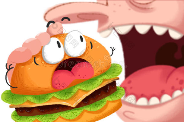 创意插图和创新艺术：恐慌汉堡将被一张<strong>大嘴巴</strong>吃掉。