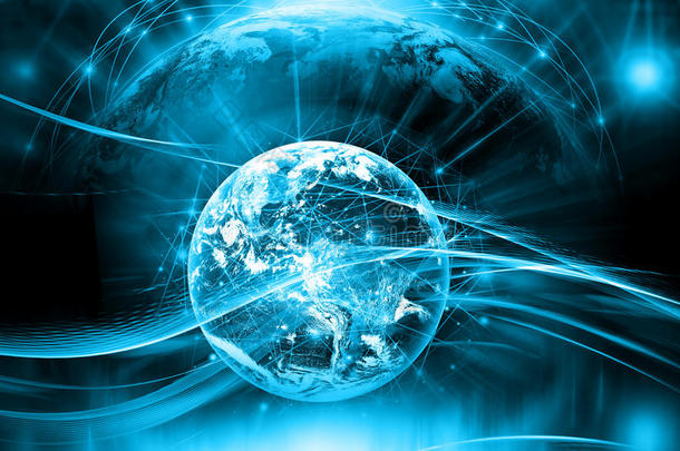 全球商业的最佳互联网概念。 地球仪，技术背景上的发光线。 电子，无线，射线
