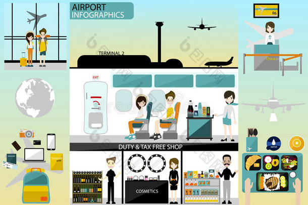 机场业务信息图形模板和旅游元素。 机场的活动和机场的工人