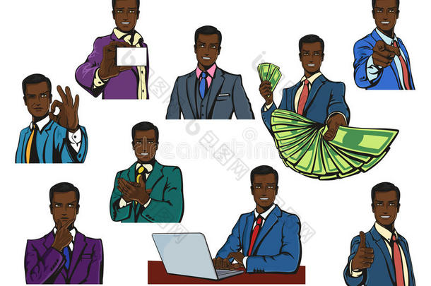 非洲或非洲，黑人成功商人，在卡通或流行漫画中带着微笑，复古风格，多种多样