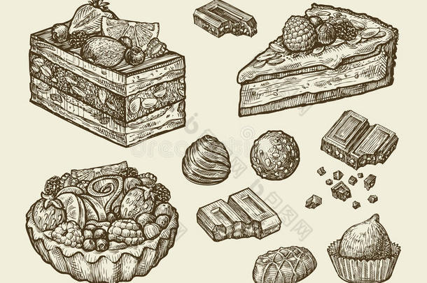 甜点，食物。 手绘蛋糕，糕点，巧克力，馅饼，糖果，甜的。 草图矢量插图