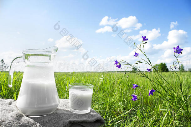 玻璃罐与牛奶和玻璃在草地上的背景下，风景如画的绿色草地与鲜花