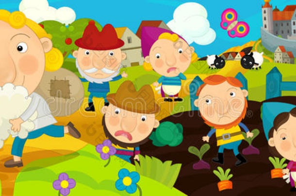 卡通场景-农民聚集-为不同的童话插图