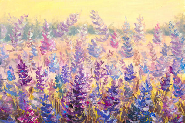 一片精致的花，薰衣草。 蓝色紫色的花在夏天的绘画艺术作品中。