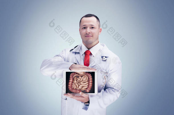 医生拿着<strong>人体器官</strong>在平板上的灰色背景。 高分辨率。