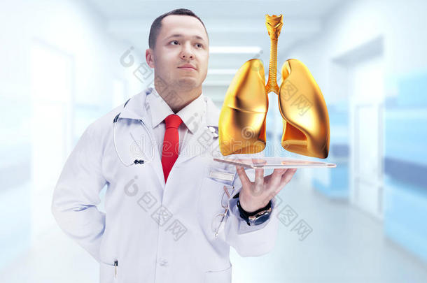 医生在药片上拿着金色的人体器官。 高分辨率。