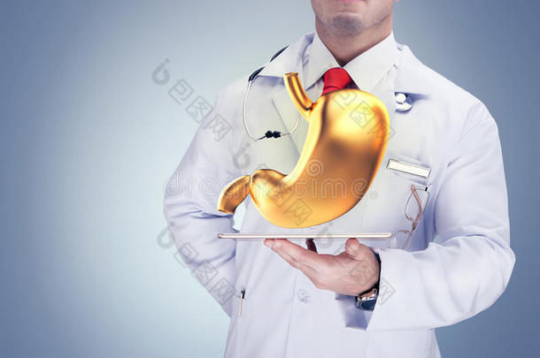 医生拿着金色的人体器官在平板上的灰色背景。 高分辨率。