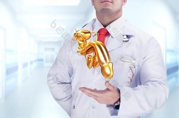 医生把金色的人体器官放在医院的手上。 高分辨率。
