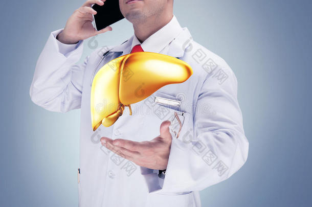 医生拿着金色的<strong>人体器官</strong>打电话