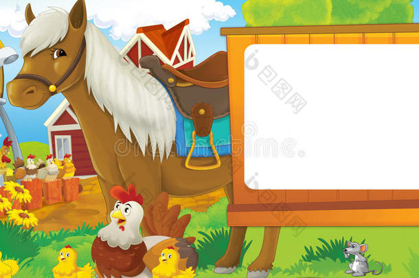 <strong>卡通</strong>农场场景与可爱的动物-马<strong>母鸡</strong>和鸡