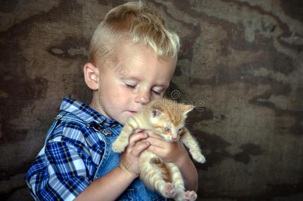 农场男孩抱着一只小猫，品味着爱