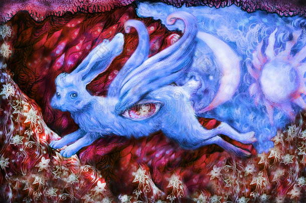 蓝色飞行梦幻兔在童话世界，插图