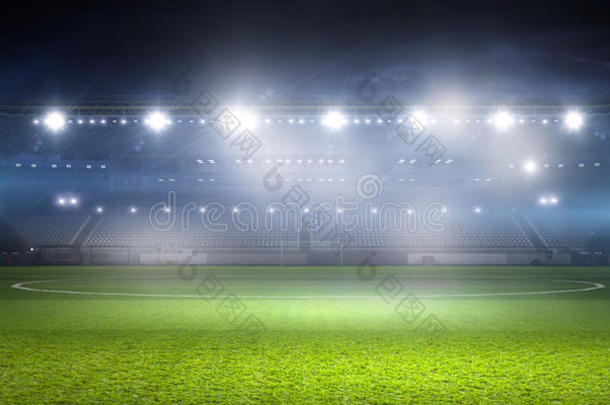 灯光下的足球场。 混合媒体
