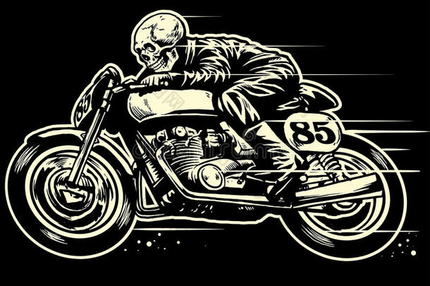 头骨骑老式摩托车的手绘