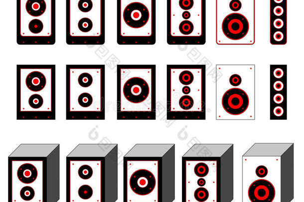 音频扬声器矢量的收集。 环绕系统符号。 扬声器图标。 轮廓<strong>低音炮</strong>。