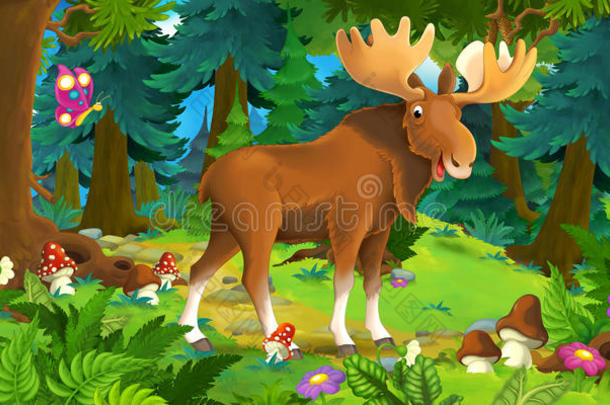 卡通场景：快乐的麋鹿站在森林里
