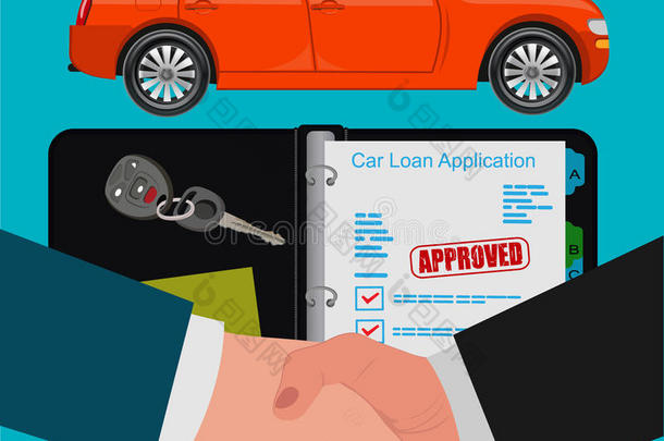 汽车贷款概念，握手，平面设计，矢量插图