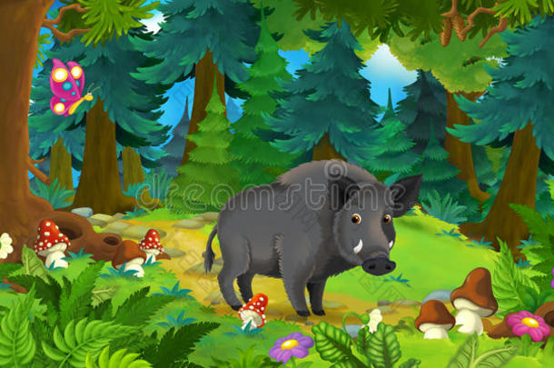 卡通场景，快乐的野猪站在森林里