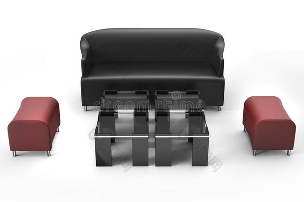 黑色沙发，两边有红色的<strong>脚凳</strong>，前面有玻璃咖啡桌