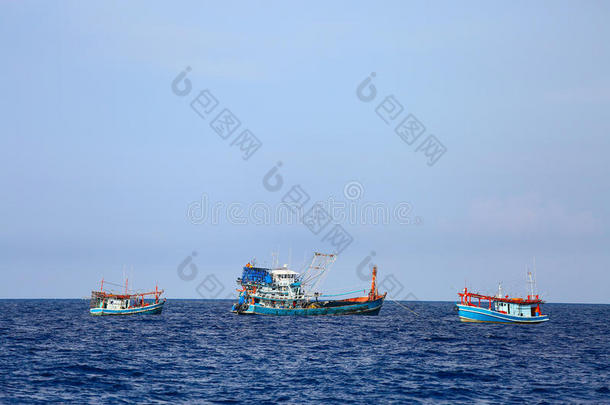渔船在海湾作业寻找新鲜鱼，工人每天和团队日夜捕鱼
