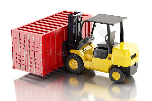 携带货物集装箱的3D叉车。 行业概念。