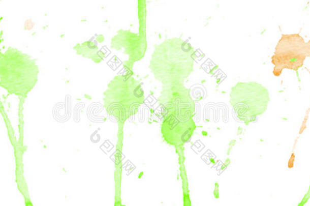 白色背景上的绿色<strong>水彩</strong>飞溅和斑点。 <strong>水墨</strong>画。