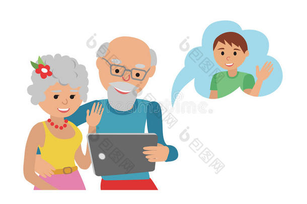 家庭矢量插图平面风格的人面临在线社交媒体传播。 男人，女人，父母，祖父母，有平板电脑