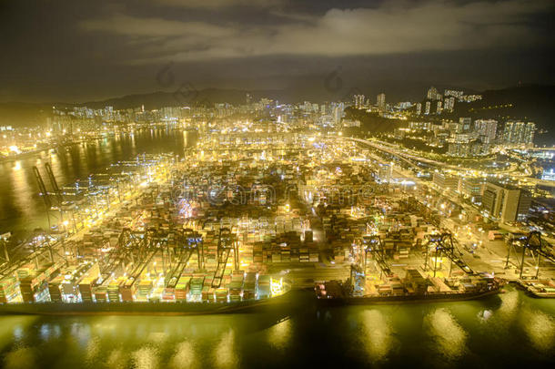 香港夜景鸟瞰，葵涌，维多利亚港，石匠桥