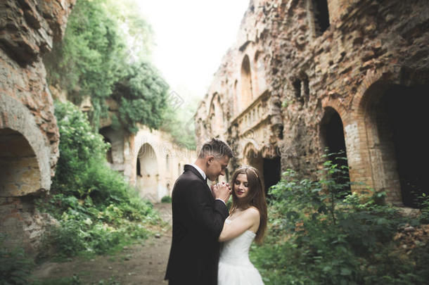 惊人的快乐，温柔，时尚，美丽，浪漫，高加索夫妇的背景，古老的巴洛克城堡