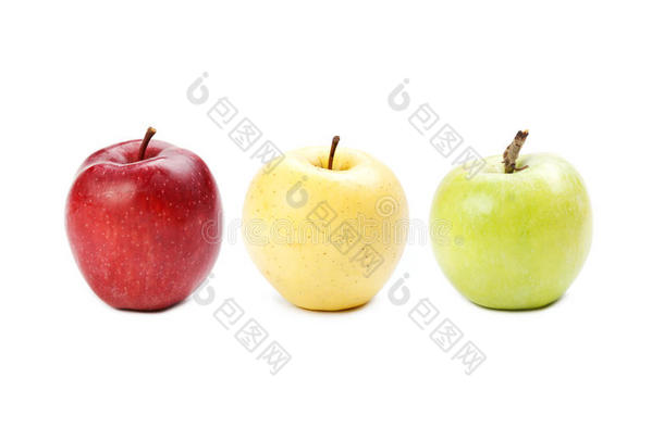 五颜六色的<strong>苹果</strong>。 黄色，<strong>红</strong>色，绿色的<strong>水果</strong>。 不同的颜色概念。 各种新鲜成熟<strong>苹果</strong>宏景。 白色的