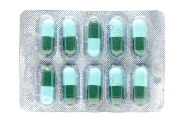 蓝绿色抗生素丸明胶胶囊在水泡包装