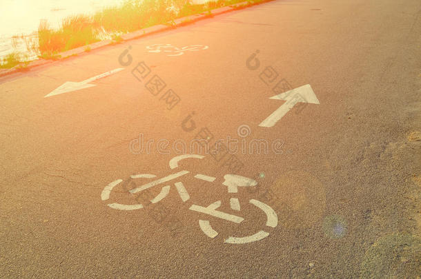 自行车路标印在沥青上，指针显示道路
