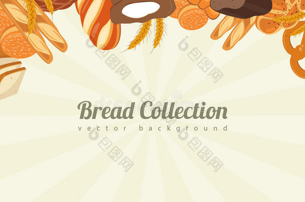 面包收藏。 食物背景与面包图标。 <strong>烘焙</strong>产品。 <strong>矢量</strong>
