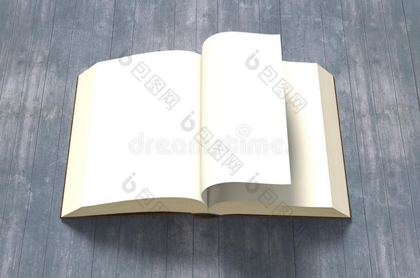 翻转页面与打开书在木制背景，3D渲染