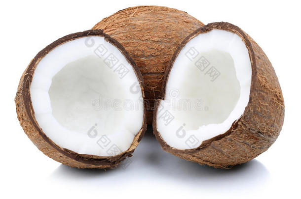 椰子水果切片半个水果分离在白色