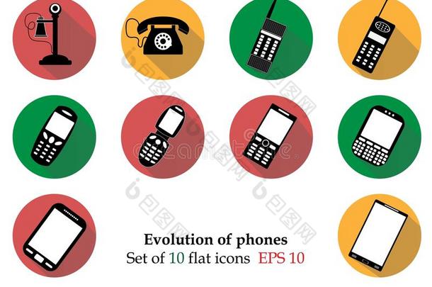 进化手机ICOSN孤立在背景上。 现代平面象形文字，商业，营销，互联网概念。 时髦的简单矢量