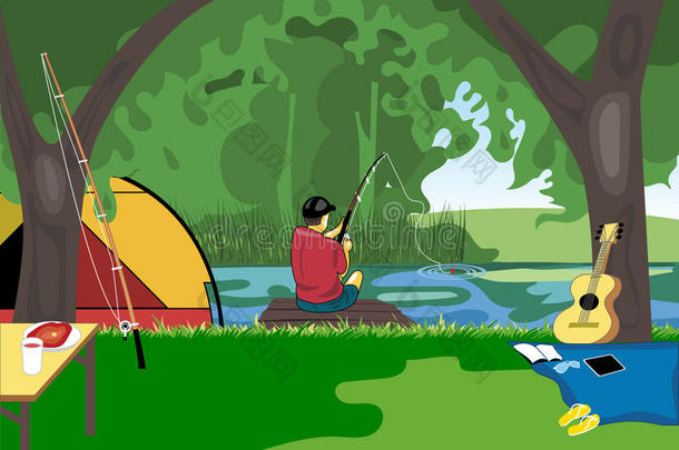 野营日庆祝<strong>活动</strong>，河流捕鱼与<strong>帐篷</strong>在野生自然的中间