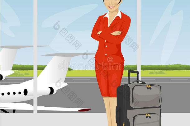 亚洲<strong>空姐</strong>在机场观察甲板前摆着行李