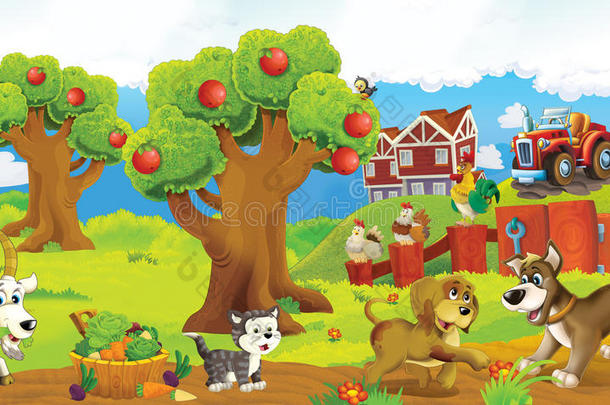 卡通快乐有趣的五颜六色的农场场景-舞台上的动物