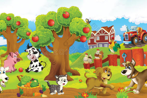 <strong>卡通</strong>快乐有趣的五颜六色的农场场景-舞台上的动物