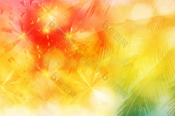 椰子树和抽象蝴蝶的背景模糊，水滴粉红色，橙色，黄色和绿色，为夏季背景