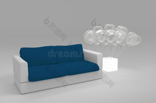 关闭蓝色和白色多边形现代风格的沙发与半透明气球种植在白色<strong>灯箱</strong>在沙发的左侧
