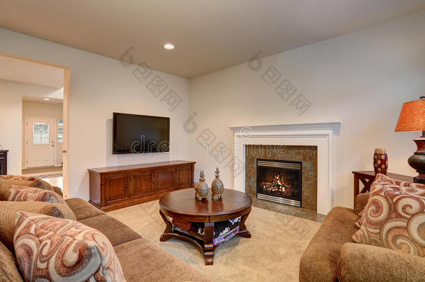 经典的棕色和白色客厅内饰和地毯地板。