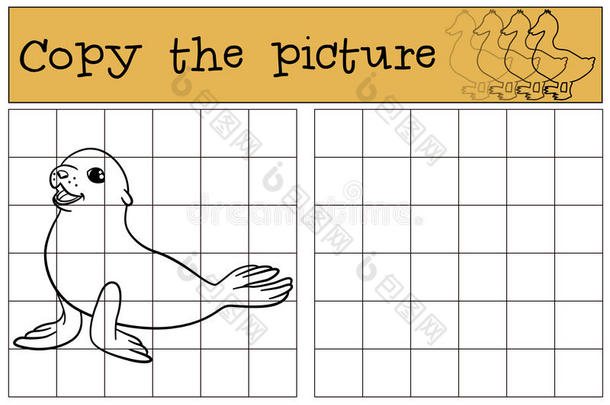 教育游戏：复制图片。 小可爱的婴儿毛皮海豹。