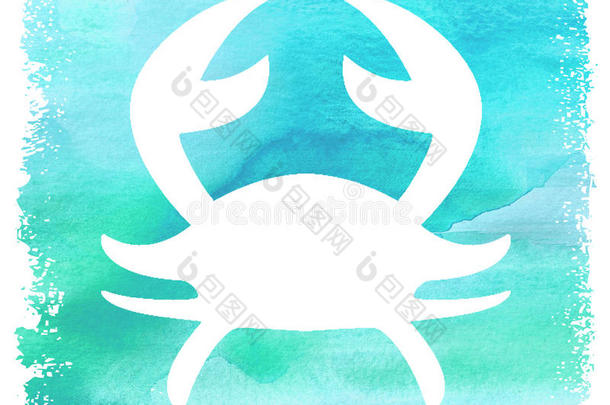 海滩艺术白色剪影螃蟹<strong>蓝色水</strong>彩背景<strong>海报</strong>