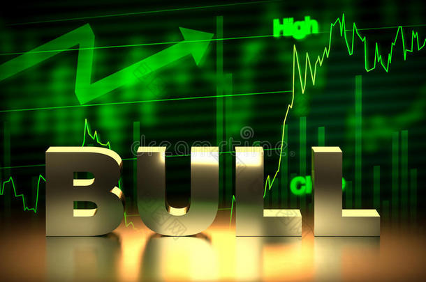 看涨股票市场图与牛市字，3D渲染