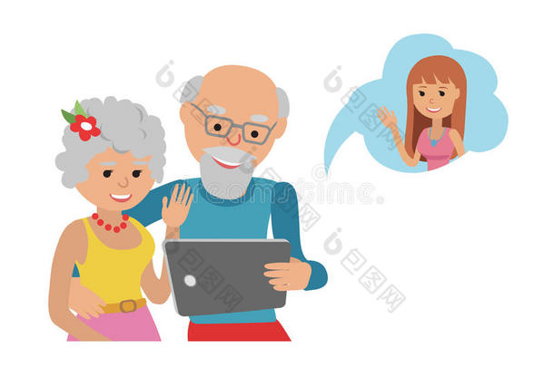 家庭矢量插图平面风格的人在线社交媒体传播。 男、女、老年夫妇、祖父母制作视频