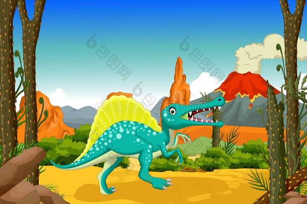 有趣的恐龙卡通火山景观背景