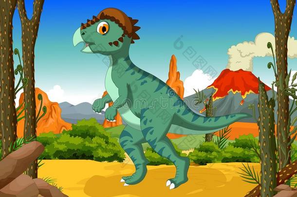 有趣的恐龙Stegoceras卡通火山景观背景