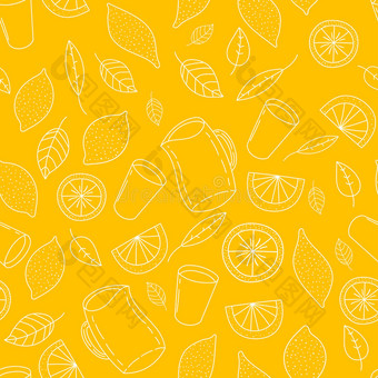 新鲜可口的柠檬水，水，饮料，果汁手绘无缝图案。图片